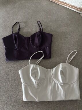 Express Leather Bustier Crop Tops in Deep Plum and Croc Cream